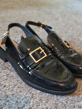 STUNNING Taryn Rose CREEO Black Patent Slingback Loafers with Gold Buckle